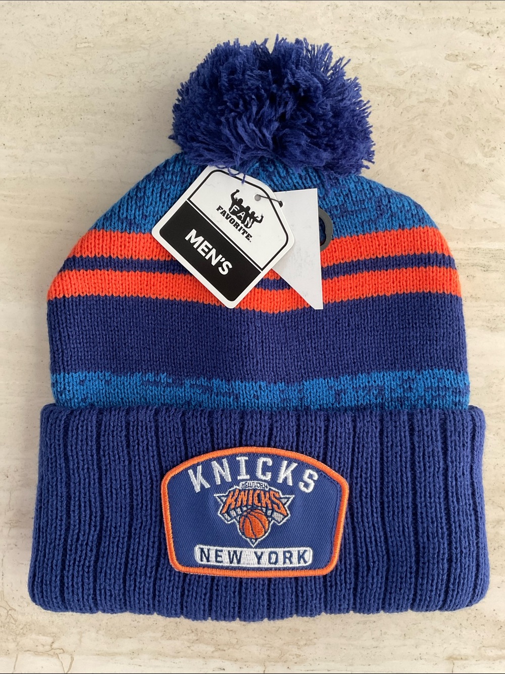 NY Knicks Men’s Pom Knit Hat Cuffed Logo Patch Blue NBA New York Basketball New